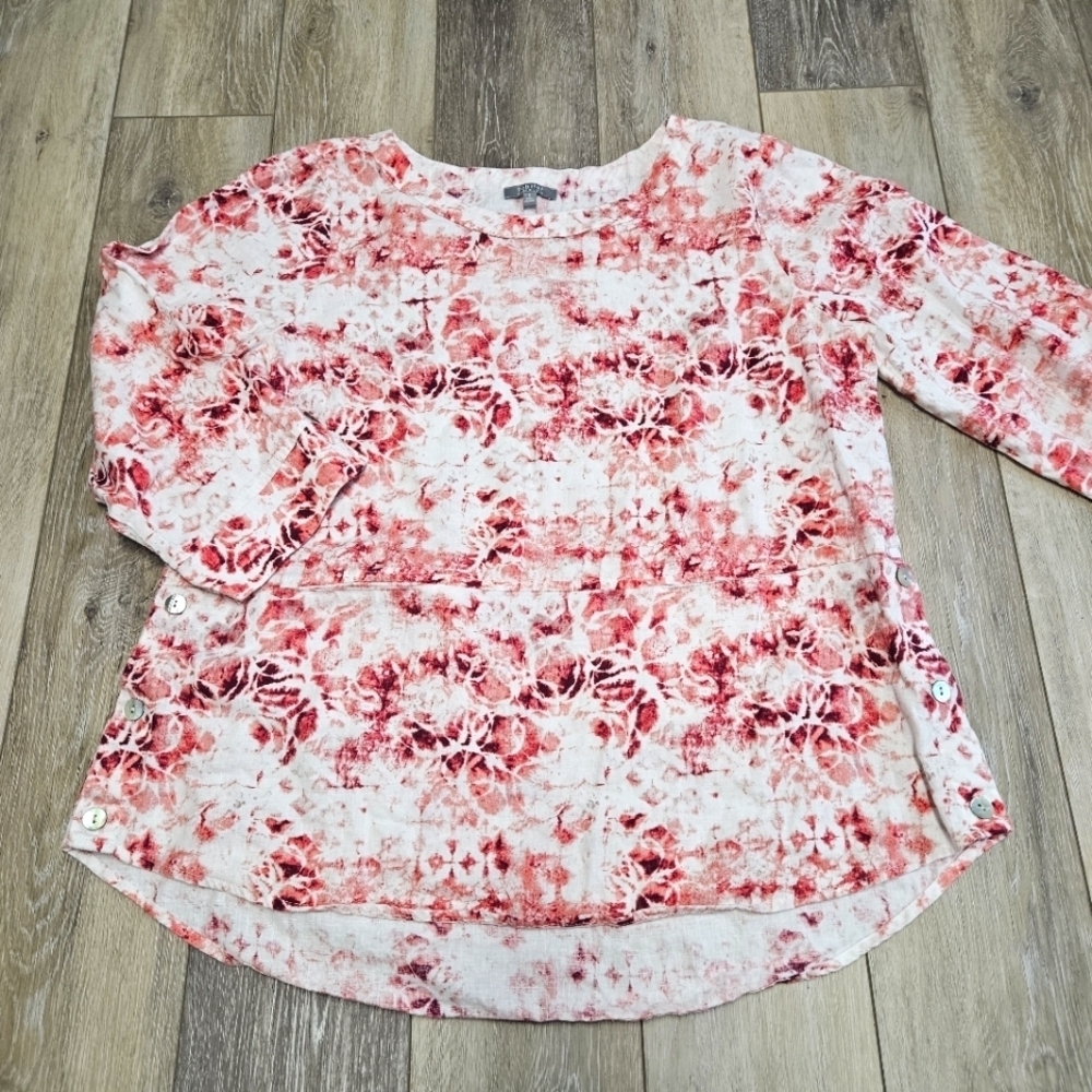 Habitat Linen Blend Floral Geometric Pockets Blouse Top Red White Women's Large